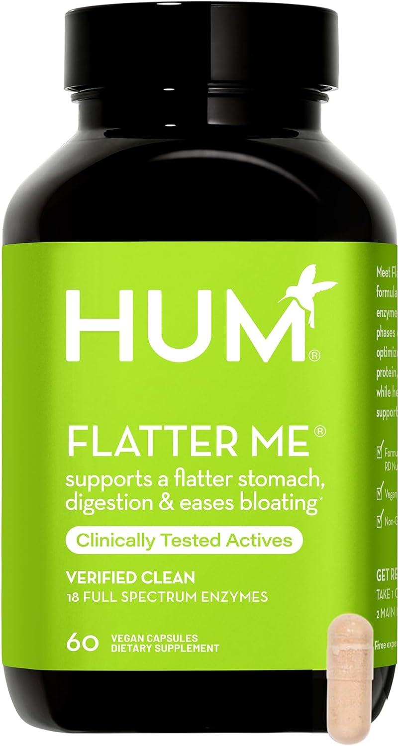 HUM Flatter Me Supplement for Daily Bloating - 18 Full Spectrum Digestive Enzymes to Support Food Breakdown - Ginger, Fe