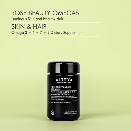 Alteya Organics Beauty Omega 3,6,7 and 9 with Rose Otto Extracts, Supports Beautiful Clear Skin, Fuller Hair and Strong Nails, Skin Beauty from Within Supplement - 30 Capsules