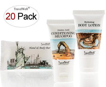 TRAVELWELL Landscape Series Hotel Toiletries Amenities Travel Size Massage Cleaning Soaps 1.0/28g,Shampoo & Conditioner 2 in 1,Body Lotion each 20 Individually Wrapped