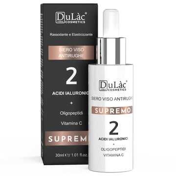 Anti Aging Serum for Face Dulàc Cosmetics SUPREMO rich in Hyaluronic Acid, Vitamin C, Anti-Aging Peptides, Aloe and Silk Proteins, Ingredients with Elasticizing and Moisturizing Action, Made in Italy