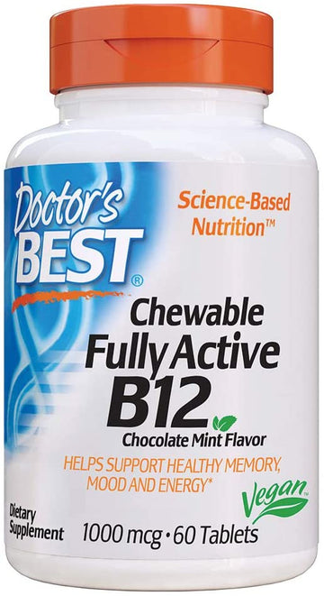 Doctor's Best Chewable Fully Active B12 Chocolate Mint Flavor, Memory, Mood, Circulation & Well-Being, 1, 000mcg, 60 Tablets