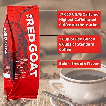 The Red Goat Ground Coffee Beans | Highest-Caffeine on the Market | 1 Cup = 6 Average Cups of Coffee | 17,000 UG/G Caffeine