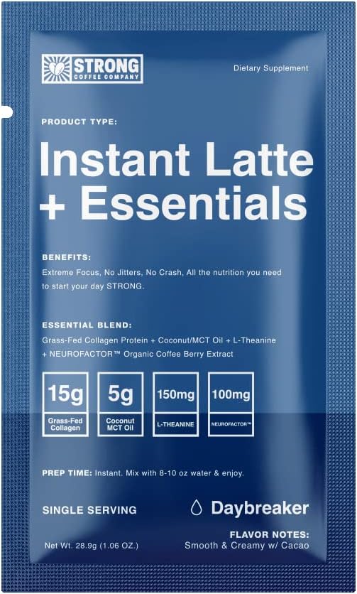 STRONG COFFEE COMPANY Creamy Cacao Collagen Latte Loaded with Antioxidants, Collagen, MCT, L-Theanine, L-Tryptophan & Hyaluronic Acid, (Daybreaker, 7 Servings)