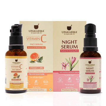 UPAKARMA Vitamin C Face Serum 30 and Night Serum with Saffron 30 //Support Restore and Renews Your Skin with Hyaluronic Acid, Vitamin E, Saffron and Aloe Vera - PACK OF 2 (Ultimate Combo)