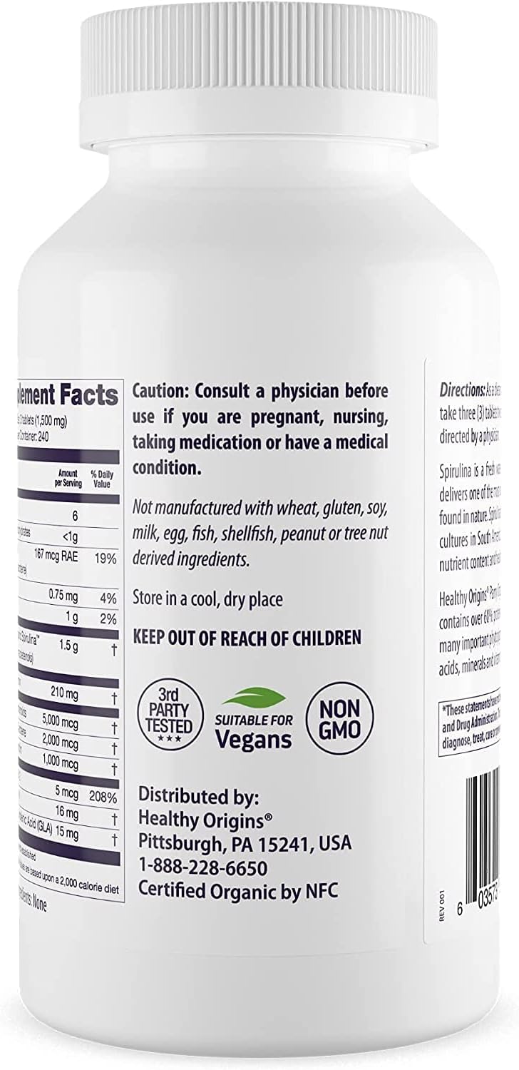 Healthy Orgins Organic and Kosher Spirulina Tablets, 500 Mg, 720 Count
