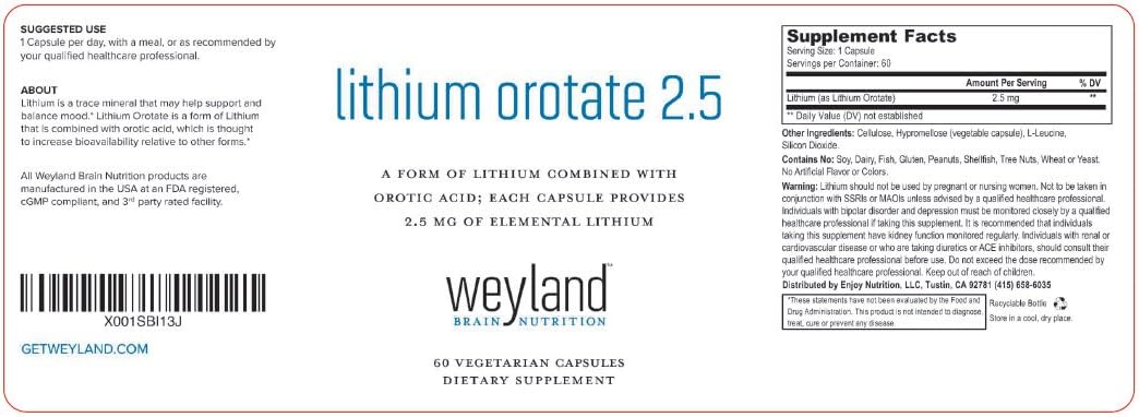  Lithium Orotate 2.5mg (1 Bottle), 60 Vegetarian Capsules, L