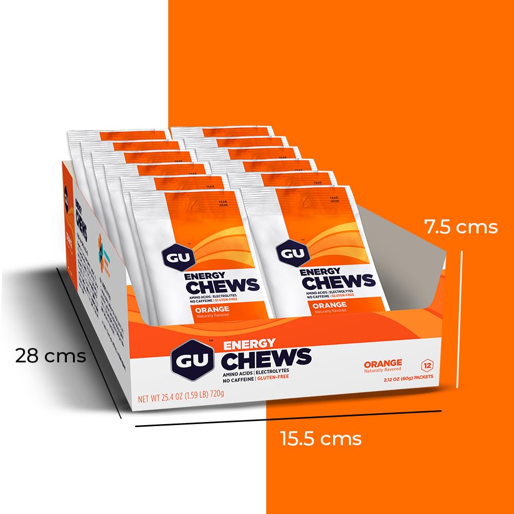 GU Energy Chews, Orange Energy Gummies with Electrolytes, 12 Bags (24 