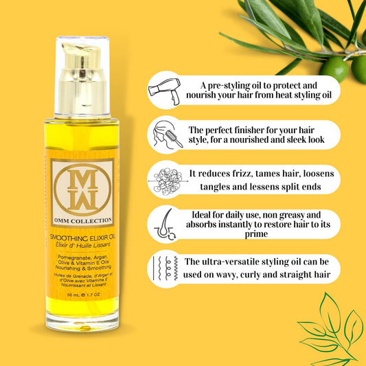 OMM Collection Elixir Oil Hair Smoothing Styling Heat Protection Frizz Control With Pomegranate Argan Olive Oil. Protects Dry Damaged Hair