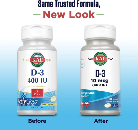 KAL Vitamin D3 400 IU Softgels (10 mcg), Active Form of Vitamin D, Cal