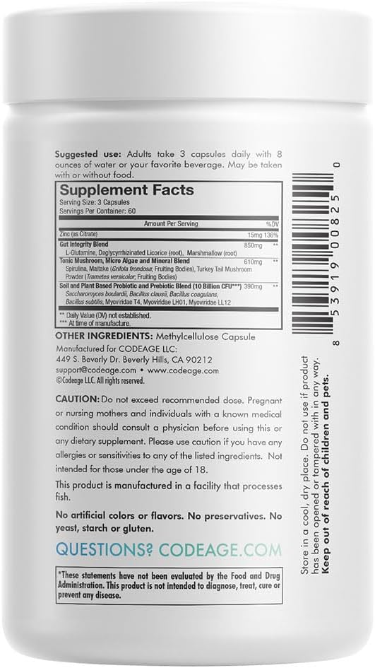 Codeage Gut Health Supplements Vegan Formula - L Glutamine, Zinc, Turk