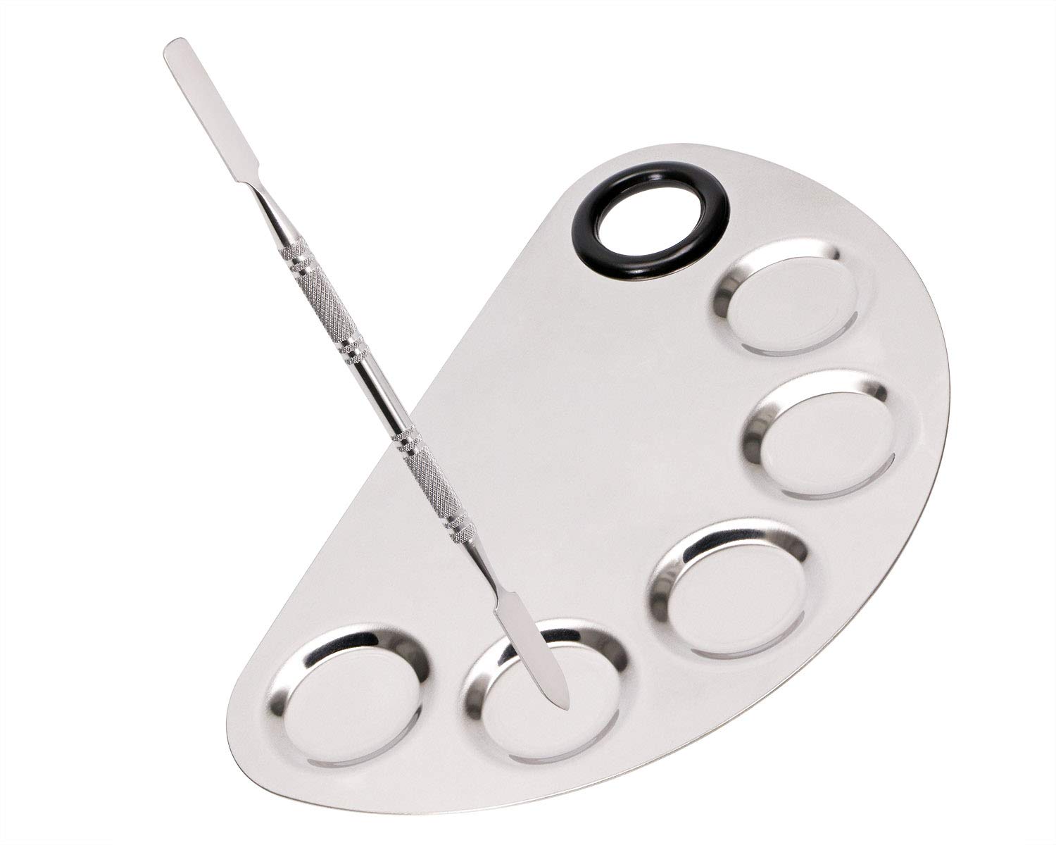 ONLYKXY 1 Piece Semicircle shape with 5-well Makeup Palette and Spatula, Stainless Steel Cosmetic Palette, Nail Art Eye Shadow Lipsticks Mixing Makeup Tools