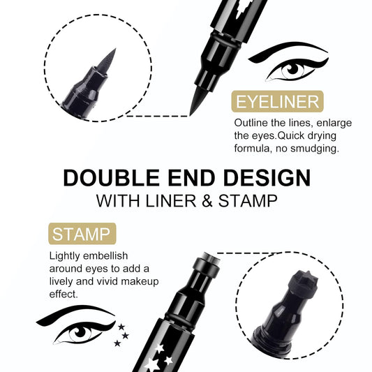Ownest 3 Pcs Double-sided Liquid Eyeliner Pen,with Eye Makeup Stamp Super Slim Gel Felt Tip High Black Pigment,Waterproof Smudgeproof Long Lasting Eyeliner Eye Tattoo Makeup Tool-Set A