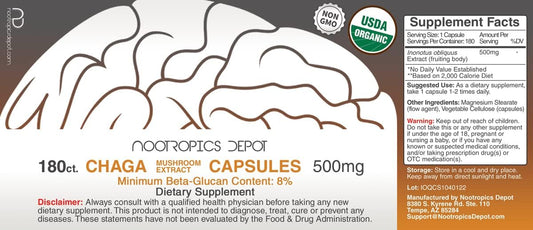 Nootropics Depot Chaga Mushroom Capsules | 500mg | 180 Count | Inonotu