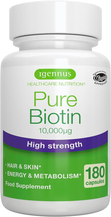 Pure Biotin 10,000 mcg, D-Biotin, Clean Ingredients, 1-a-Day, 180 Caps79 Grams
