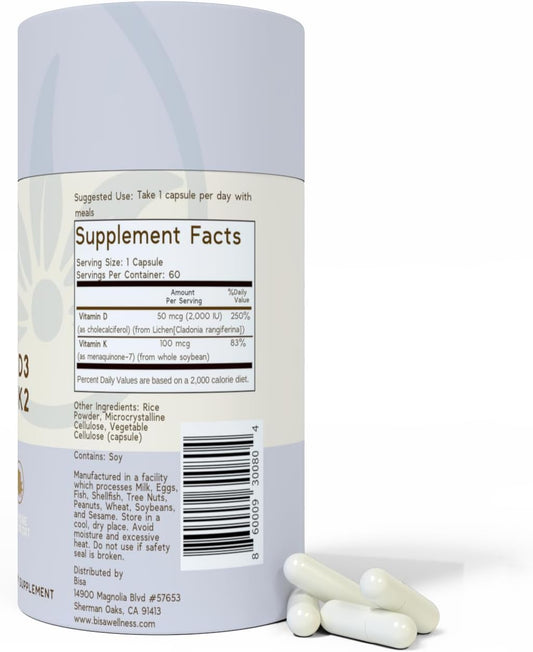 Bisa Vitamin D3 & K2 Supplement |Promote Immune Function, Bones & Heart Health | Vitamin D3 2,000 IU, 50mcg & Vitamin K2