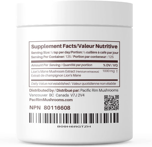 Pacific Rim Mushrooms Lions Mane Supplement Powder | High Potency 10:1