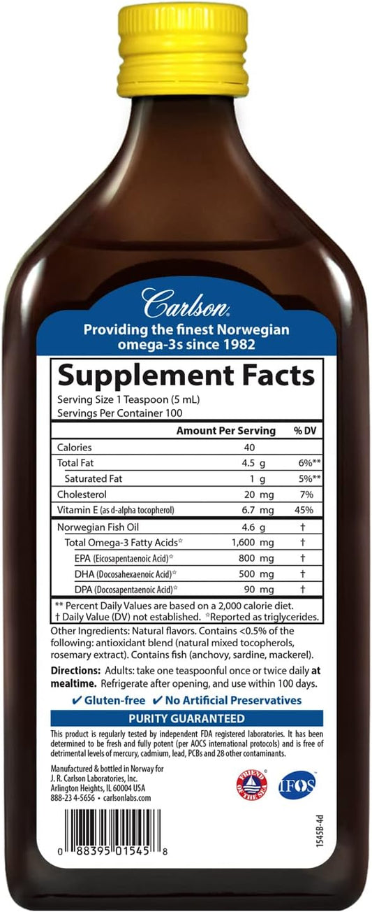 Carlson Labs Very Finest Fish Oil Nutritional Supplement, Lemon, 16.9 Fluid Ounce