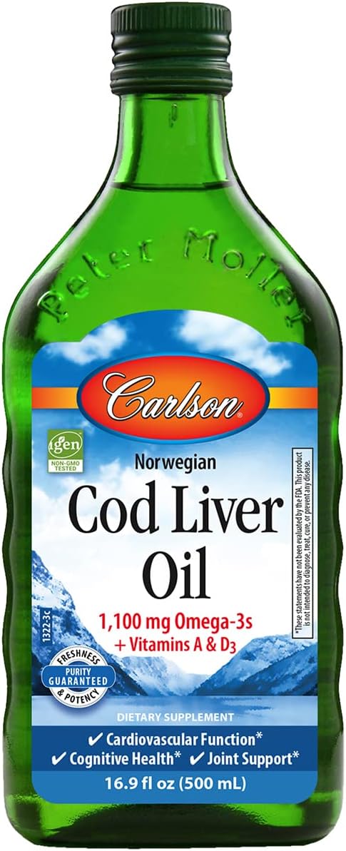 Carlson - Cod Liver Oil, 1100 mg Omega-3s, Plus Vitamins A and D3, Wild Caught Norwegian Arctic Cod Liver Oil, Sustainably Sourced Nordic Fish Oil Liq, Unavored, 500 mL (16.9  )
