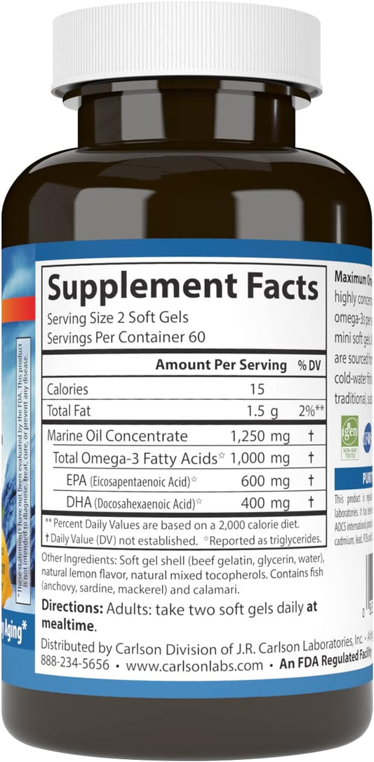 Carlson - Maximum Omega Minis, 1000 mg Omega-3s, Heart Function, Brain Support & Healthy Aging, Lemon, 120 Mini Softgels