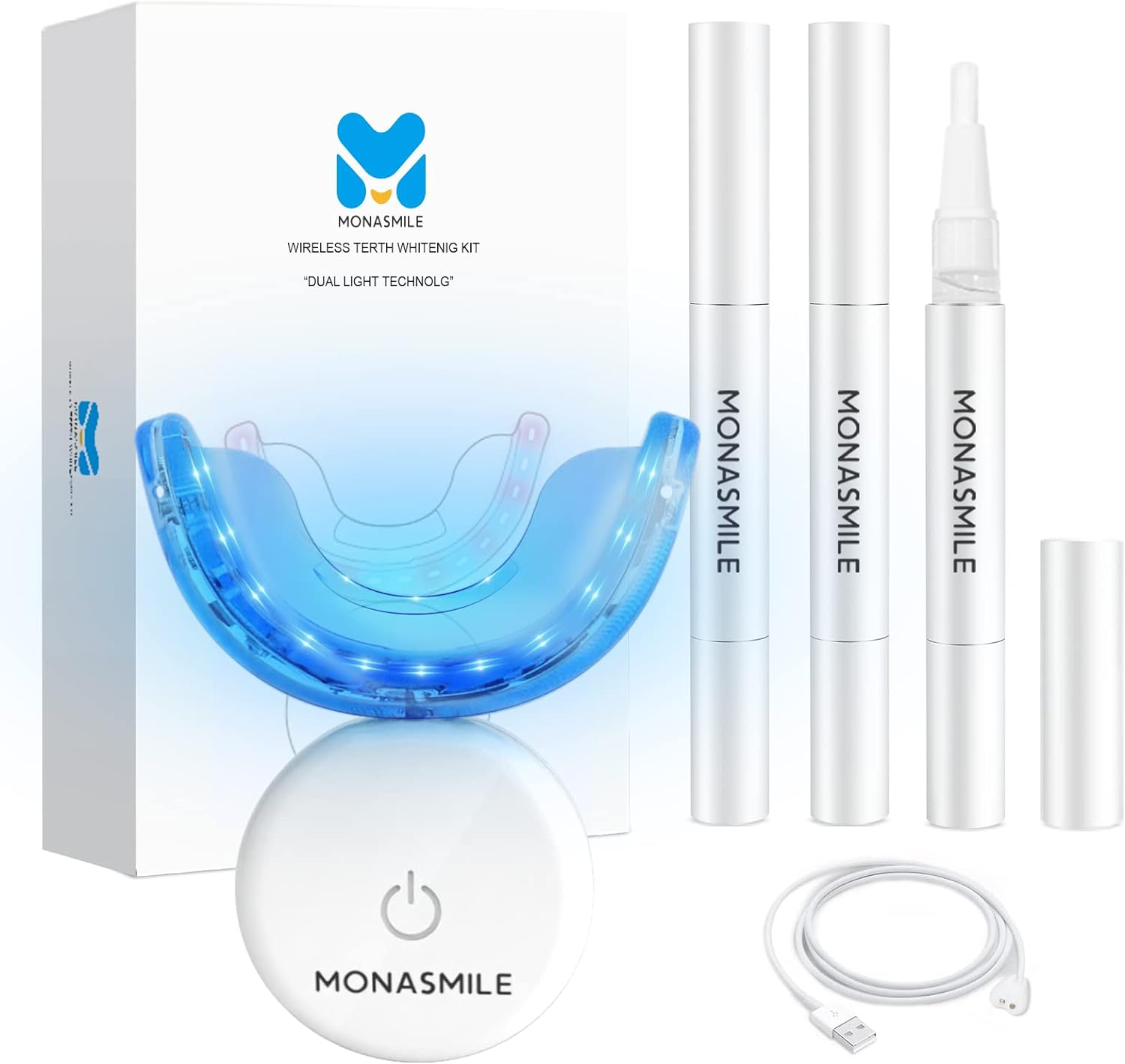 Monasmile Teeth Whitening Kit with 32 LED Lights-10 Mins Fast Teeth Whitener with 3 Carbamide Peroxide Pen for Sensitive Teeth, Gum, Braces Care, Help Removing Stains from Smoking, Coffee, Soda, Food