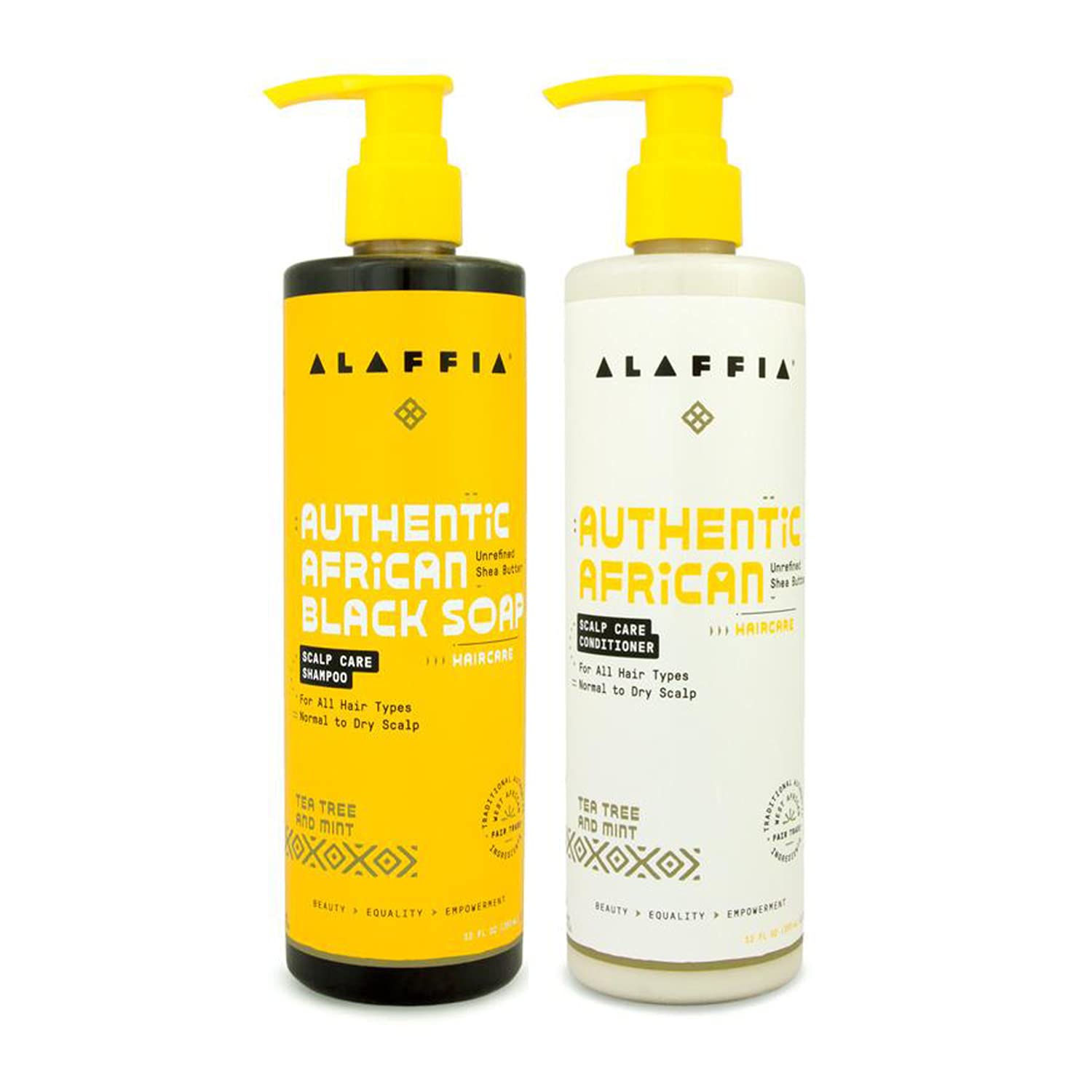 Alaffia Authentic African Black Soap Scalp Care Shampoo and Conditioner - For All Hair Types Normal to Dry Scalp, Nourishes & Soothes the Scalp with Shea Butter & Neem Oil, Tea Tree & Mint, 12   Each