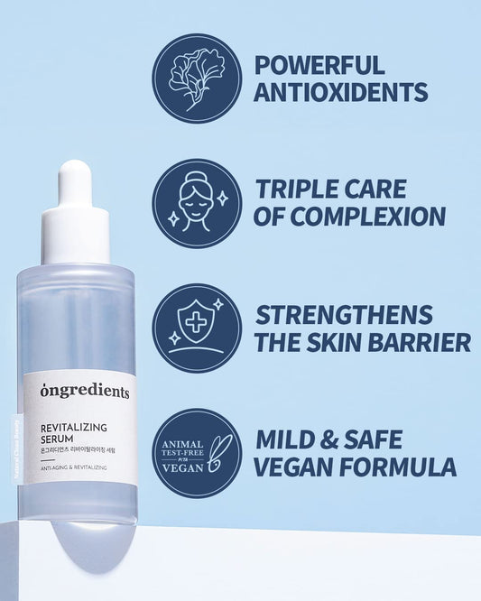 ONGREDIENTS Revitalizing Serum, Antioxidant Vegan Facial Serum, Improves Complexion for Dull Skin, Hyaluronic Acid and Buttery Pea ower Extract, 1.69 .