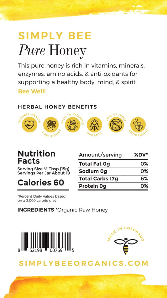 Simply ORGANIC RAW Honey | 5oz | 100% Delicious | 0% Additives | Gourmet | Low GI | Supports Wellbeeing | Non-GMO | Kid