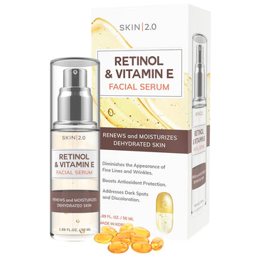 Skin 2.0 Retinol and Vitamin E Face Serum - Acne & Hyperpigmentation Treatment, Reduces Acne Scars & Wrinkles, Anti-aging Facial Serum - Cruelty Free Korean Skincare For All Skin Types - 1.69 .