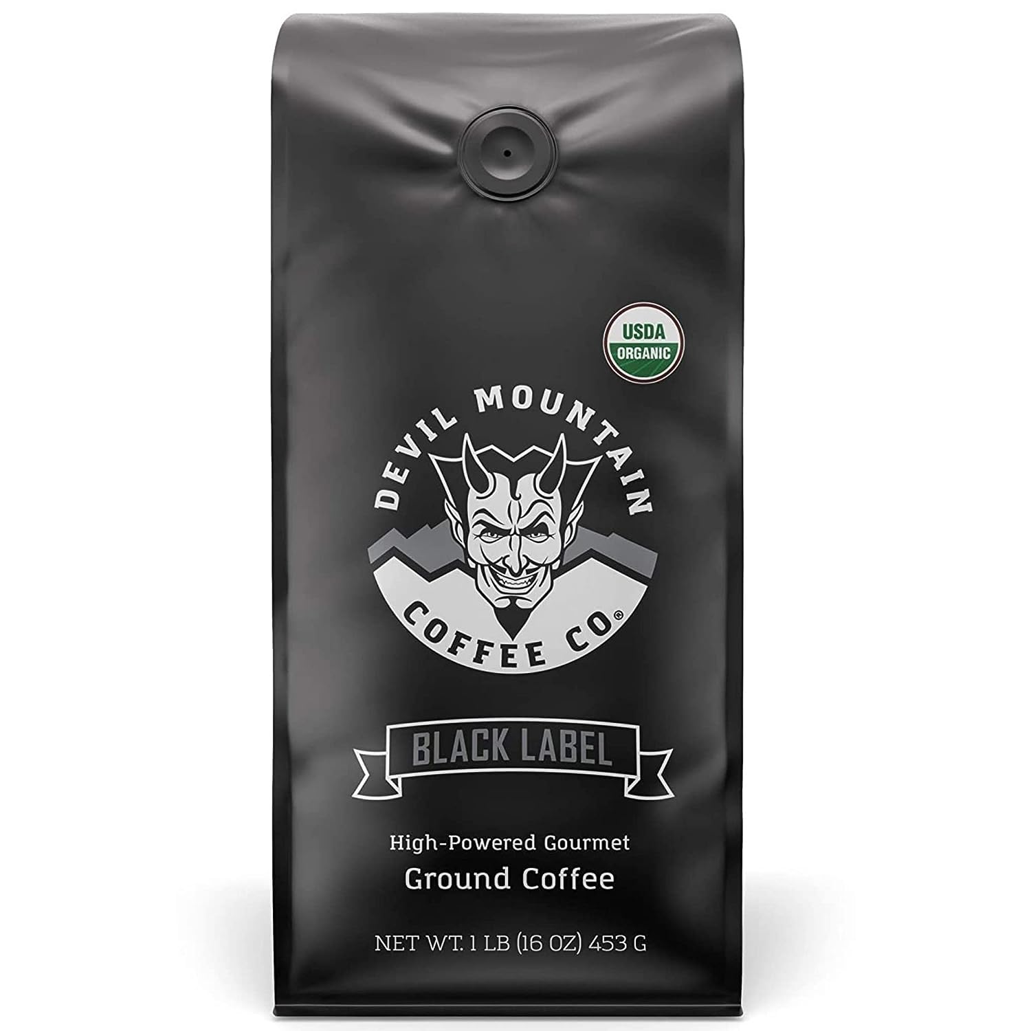 Devil Mountain Coffee Black Label Dark Roast Ground Coffee, Strong High Caffeine Coffee Grounds, USDA Organic, Fair Trade, Gourmet Artisan Roasted, Strongest Coffee in the World Bag