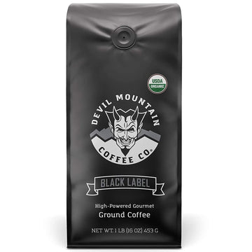 Devil Mountain Coffee Black Label Dark Roast Ground Coffee, Strong High Caffeine Coffee Grounds, USDA Organic, Fair Trade, Gourmet Artisan Roasted, Strongest Coffee in the World Bag