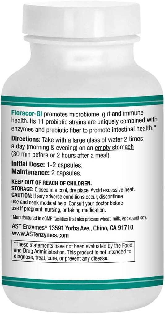 Floracor – Probiotics & Enzymes To Support Intestinal & Gut Heath –180 Vegetarian Capsules