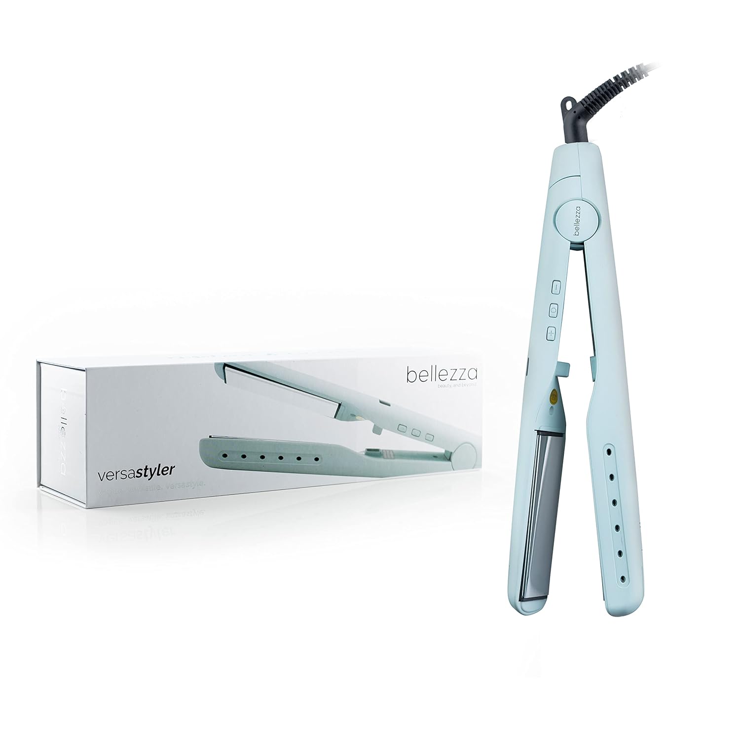Bellezza VersaStyler at Iron, Curling Iron and Hair Straightener in One, Gemstone Infused Tourmaline Titanium Plates, Professional Twisted Hair Straightener, Dual Voltage, 1-inch (Seafoam Blue)