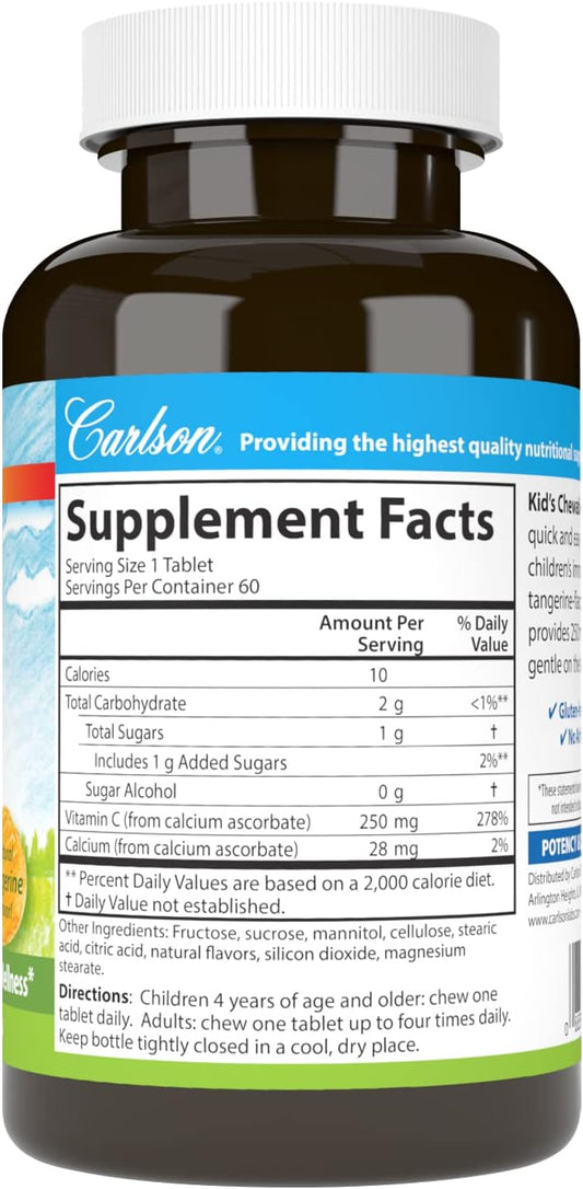 Carlson - Kid's Chewable Vitamin C, 250 mg, 1 g of Sugars, Immune Support & Optimal Wellness, Antioxidant, Tangerine, 60 Vegetarian Tablets