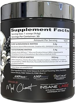 Insane Labz Psychotic Test, High Stim Testosterone Energy and Pump Boosting Pre-Workout Powder with DMAE Bitartrate, D A