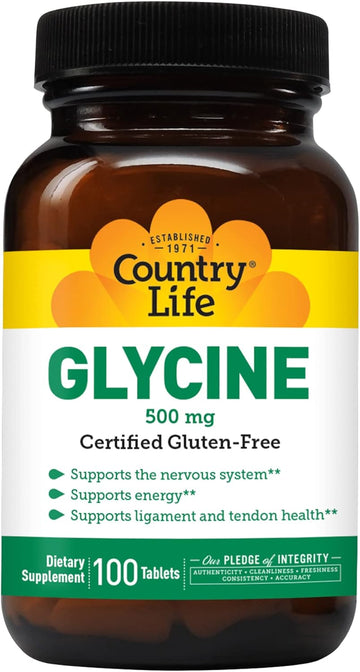 Country Life Glycine 500 Mg, 100 Tablets, Certified Gluten Free, Certi