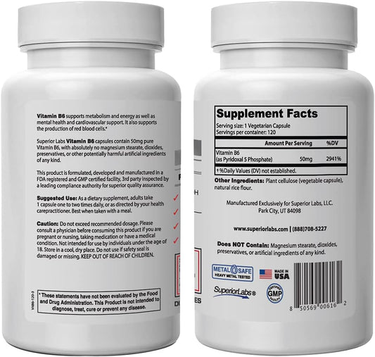 Superior Labs ? Best Vitamin B6 Dietary Supplement ? 50 mg Dosage,120