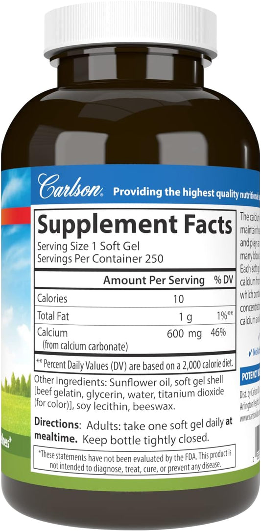 Carlson - Cal-600, 600 mg Calcium, Bone Support, Healthy Teeth & Optimal Wellness, 250 Softgels