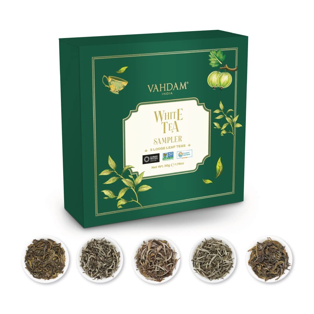 VAHDAM, White Tea Loose Leaf Sampler (25 Cups) 5 Tea Variety Pack - Himalaya White Tea, Silver Needle White Tea, Blue Mountain White Tea, Pearl Darjeeling White Tea Leaves | Tea Sampler