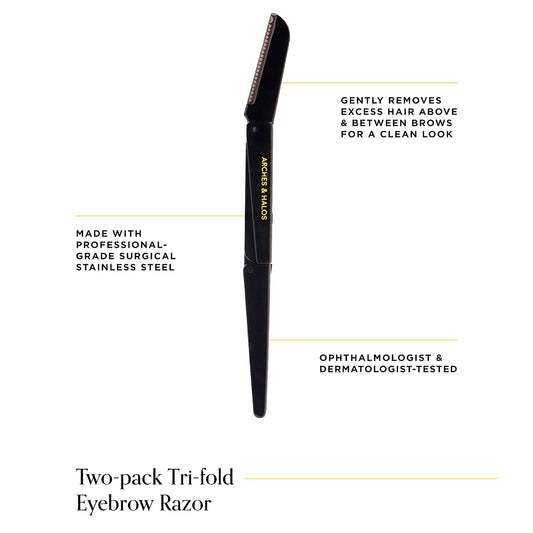 Arches & Halos Two Pack Tri-Fold Brow Razor - Remove Unwanted Hair and Precisely Shape Brows - Soften Skin Without Irritation - Ophthalmologist and Dermatologist Tested - 2 pc