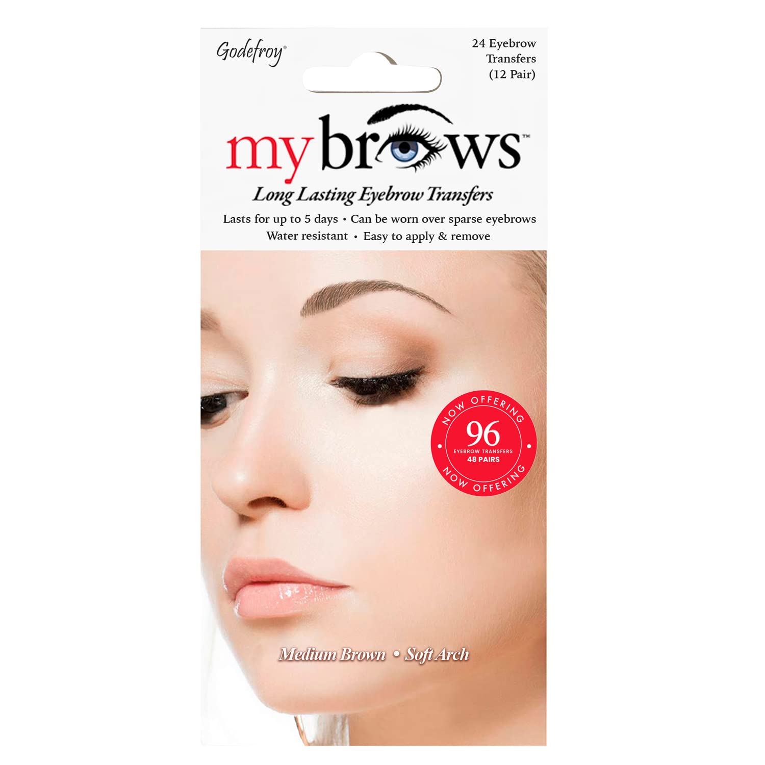 Godefroy MyBrows Long Lasting Eyebrow Transfers, Soft Arch, Medium Brown, 48-Pairs of Brows (96 Individual transfers)