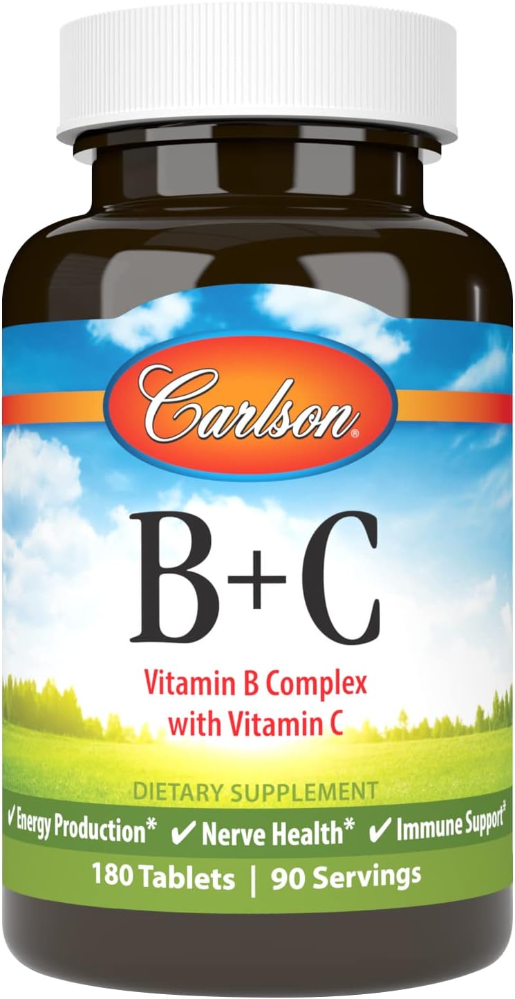 Carlson - B + C, Vitamin B Complex with Vitamin C, Energy Production, Nerve Health & Immune Support, 180 Tablets