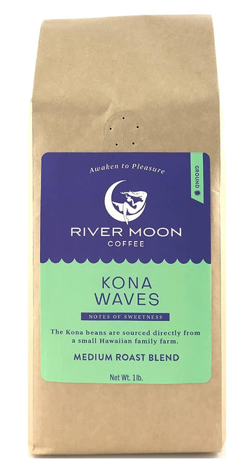 River Moon Coffee, Kona Coffee Ground, Medium Roast Kona Waves Hawaiian Coffee Blend, Sustainably Farmed, 100% Arabica