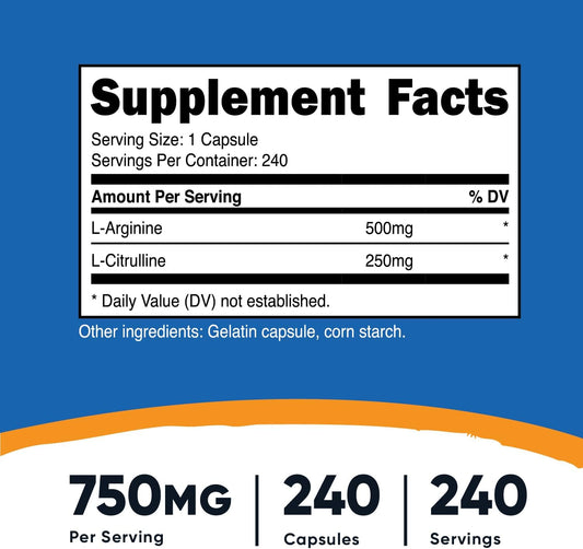 Nutricost L-Arginine L-Citrulline Complex 750mg, 240 Capsules - Non-GMO