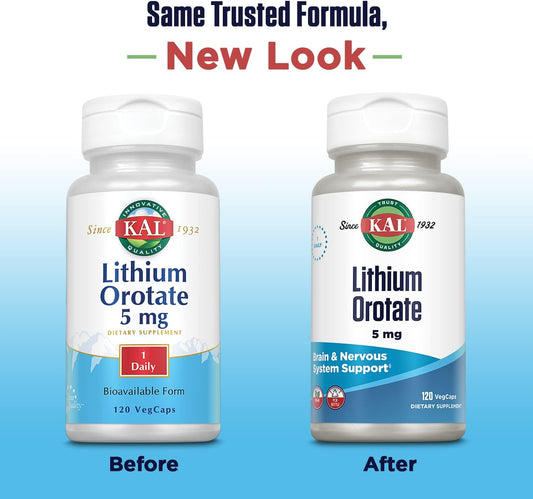 KAL Lithium Orotate 5 milligrams | Low Serving Of Chelated Lithium Orotate For Bioavailability and Mood Support | In Org