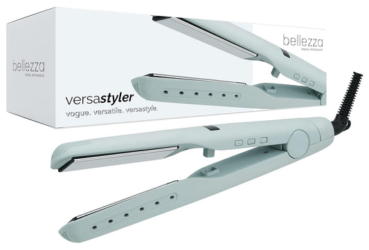 Bellezza VersaStyler at Iron, Curling Iron and Hair Straightener in One, Gemstone Infused Tourmaline Titanium Plates, Professional Twisted Hair Straightener, Dual Voltage, 1-inch (Seafoam Blue)