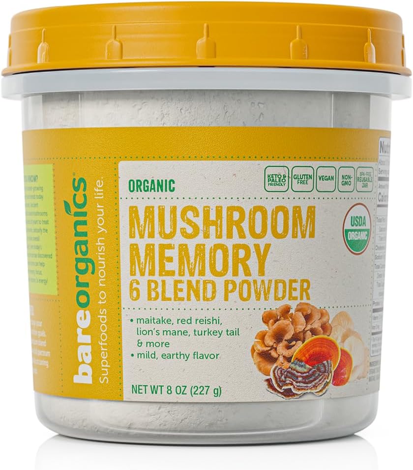 BareOrganics Mushroom Memory 6 Blend Powder, Non-GMO & Gluten-Free, Ma
