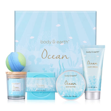 Gifts for Women, Bath Set with Ocean Scented Spa Gifts for Her, Includes Scented Candle, Body Butter, Hand Cream, Bath Bar and Bomb, 5 Pcs Bath Gift Sets, Gifts Set for Women, Gifts for Mom