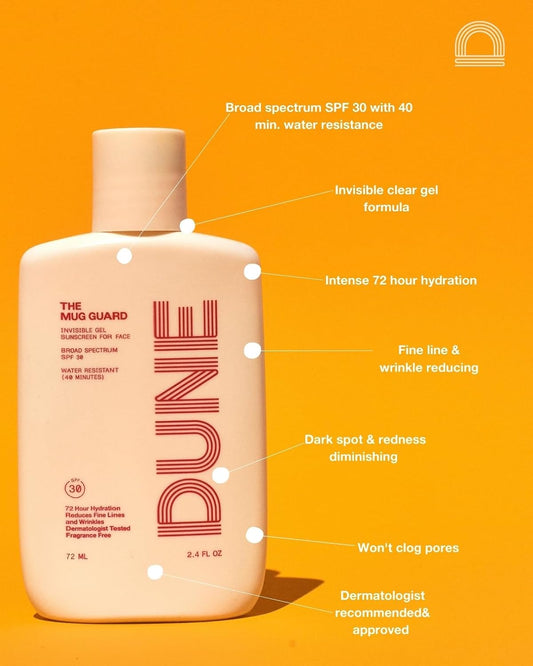 DUNE Suncare The Mug Guard - Clear Invisible Sunscreen Gel for Face - Broad Spectrum SPF 30 UVA/UVB Protection, Hydrating Sheer Sun Lotion, Water Resistant, Reef Friendly, Non-Greasy, Fragrance Free, 2.4