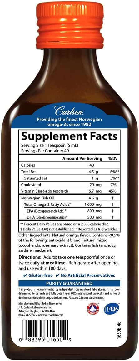 Carlson - The Very Finest Fish Oil, 1600 mg Omega-3s, Liq Fish Oil Supplement, Norwegian Fish Oil, Wild-Caught, Sustainably Sourced Fish Oil Liq, Orange, 6.7