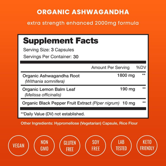 Organic Ashwagandha Capsules | 2000mg Adrenal Fatigue, Thyroid & Mood